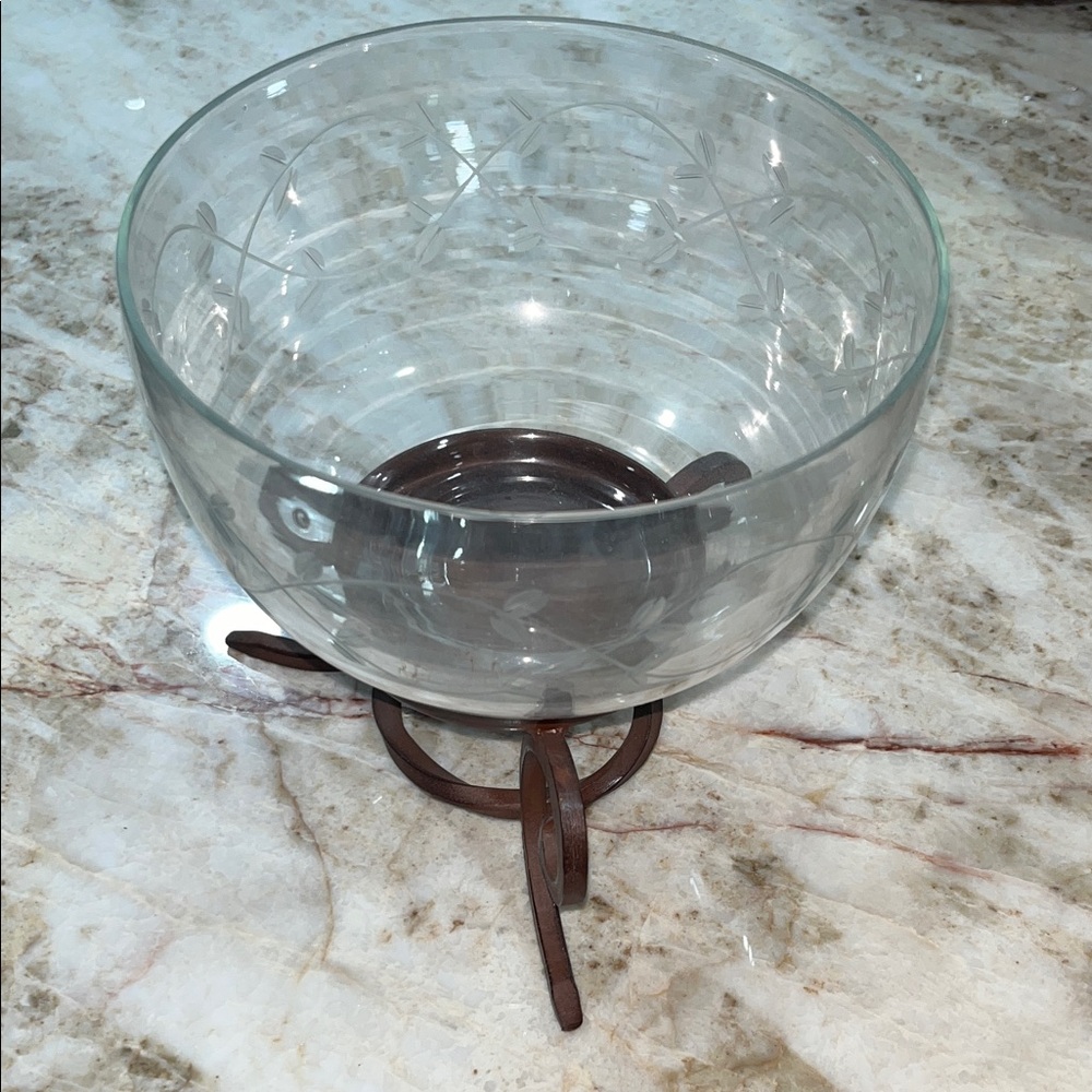 Etched Glass Bowl with Metal Stand